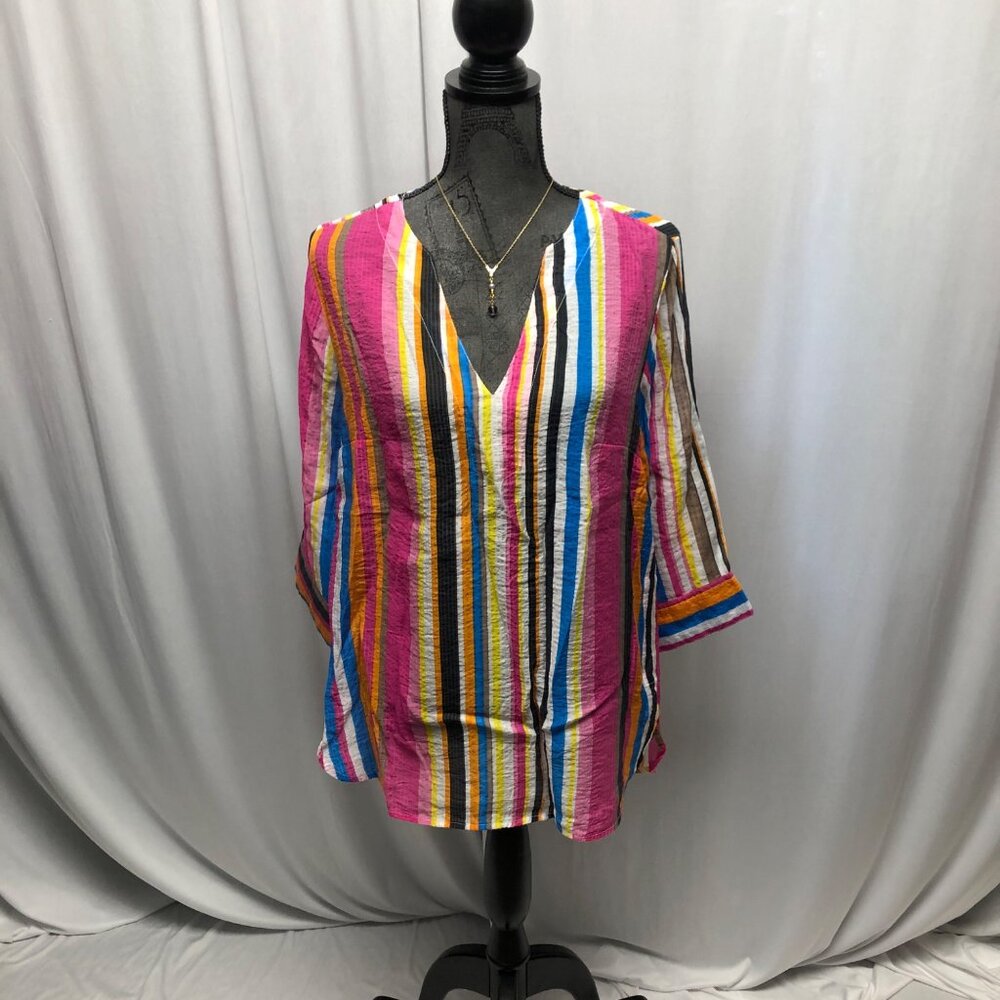 Passports Colorful Striped Tunic Womens Sz Medium 8-10 Lightweight Sheer V-Neck